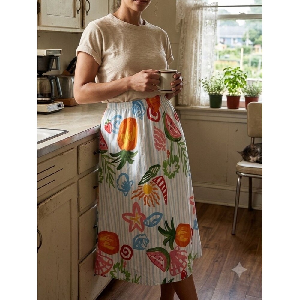 Calypso St. Bart Linen Blend Blue Striped Fruit Print Midi Skirt Size Small